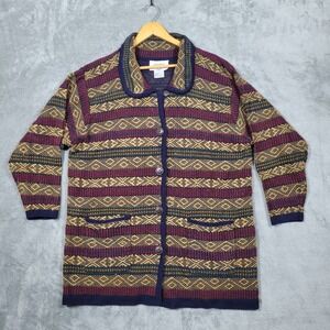 Vtg Cervelle Womens Cardigan Sweater L Geometric Print Button Front Pockets Wool